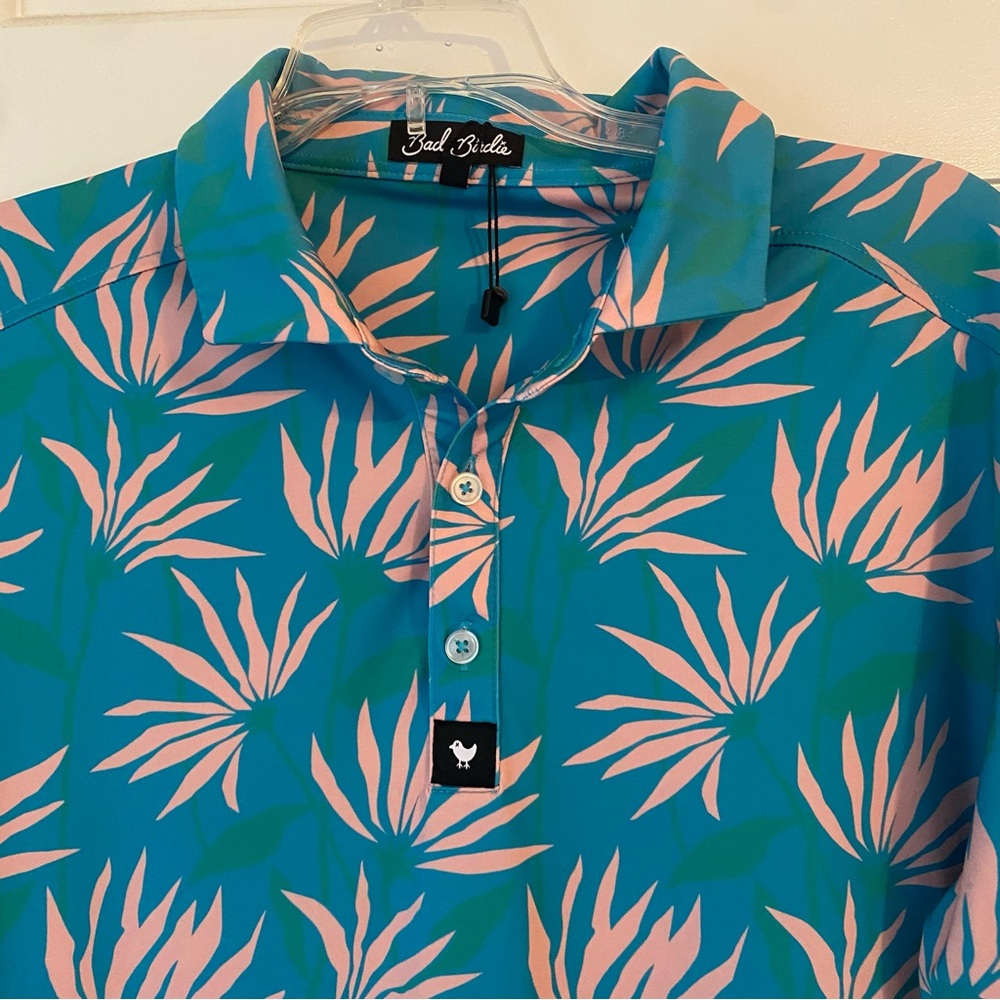 Bad Birdie Blue and Pink Tropical Leaf Polo